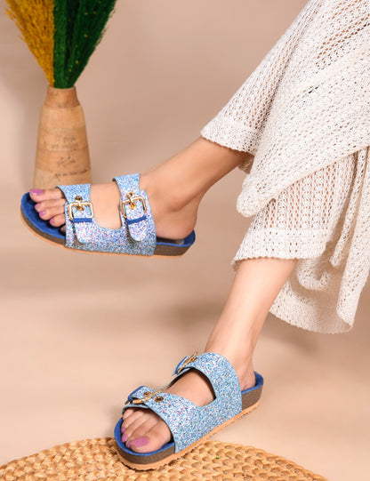 SPARKLE SUEDE COMFORT SLIDES FOR WOMEN - BLUE