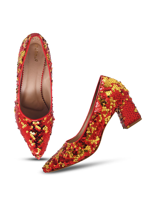 Red & Gold Sequin Block Heel Pumps