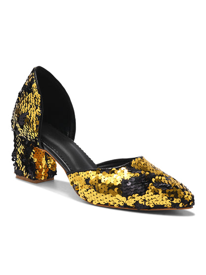 Golden Noir Party Block Heel Pumps