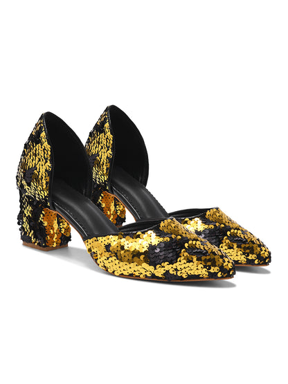 Golden Noir Party Block Heel Pumps