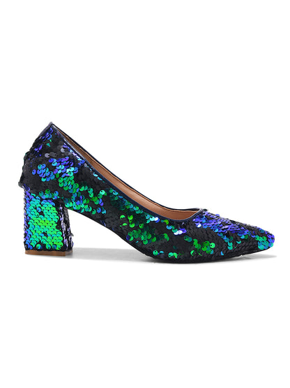 Aurora Noir Blue & Green Sequin Block Heel Pumps for Women
