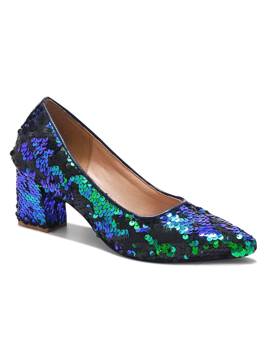 Aurora Noir Blue & Green Sequin Block Heel Pumps for Women