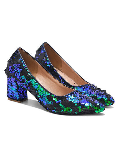 Aurora Noir Blue & Green Sequin Block Heel Pumps for Women