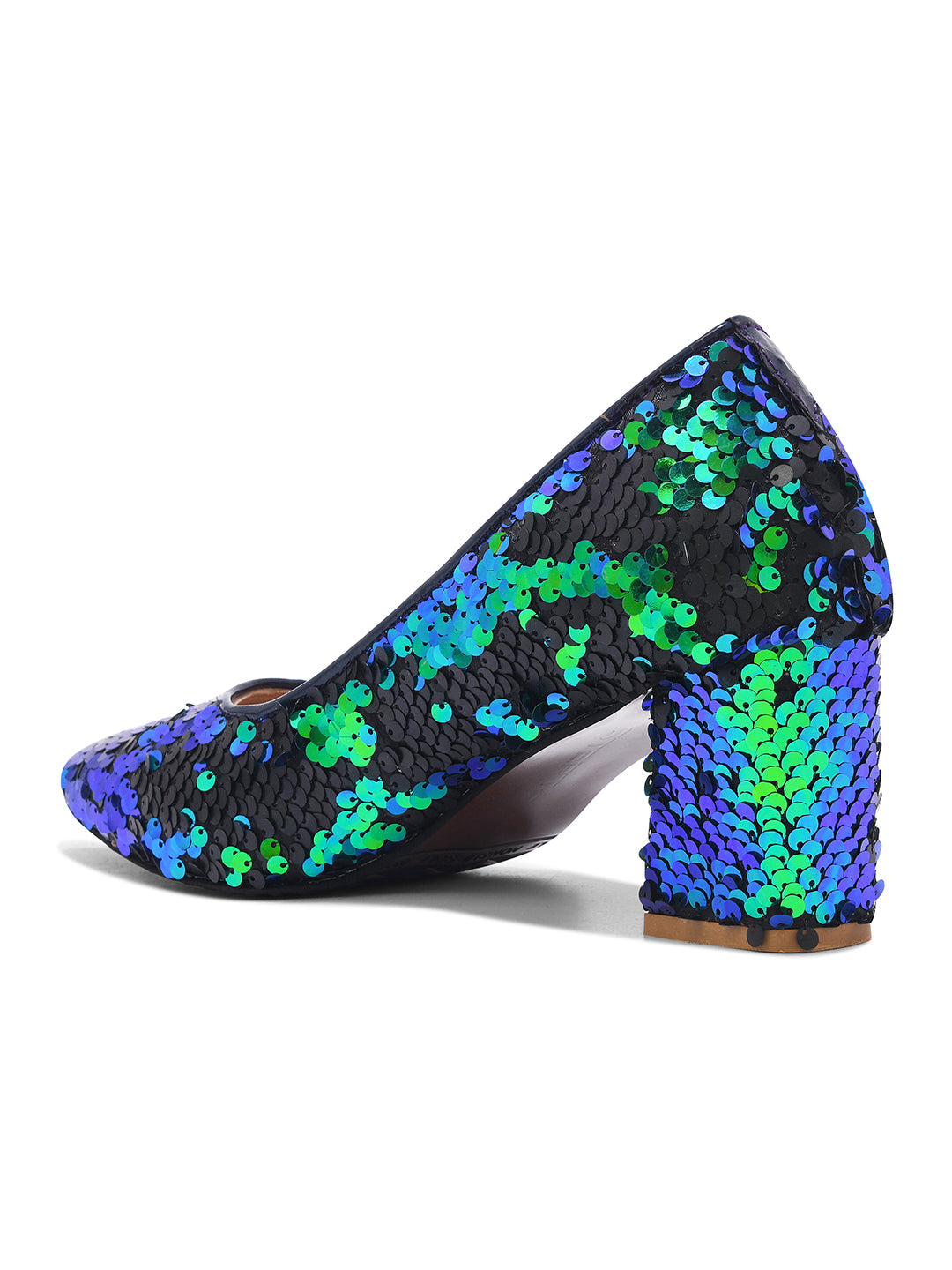 Aurora Noir Blue & Green Sequin Block Heel Pumps for Women