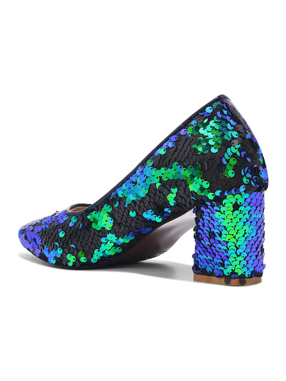 Aurora Noir Blue & Green Sequin Block Heel Pumps for Women