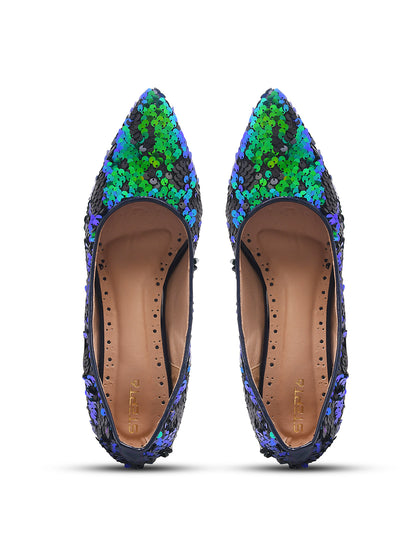 Aurora Noir Blue & Green Sequin Block Heel Pumps for Women
