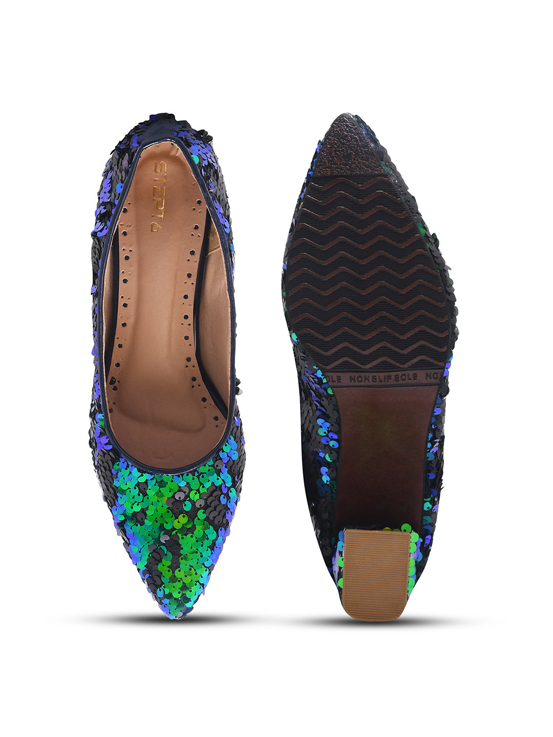 Aurora Noir Blue & Green Sequin Block Heel Pumps for Women