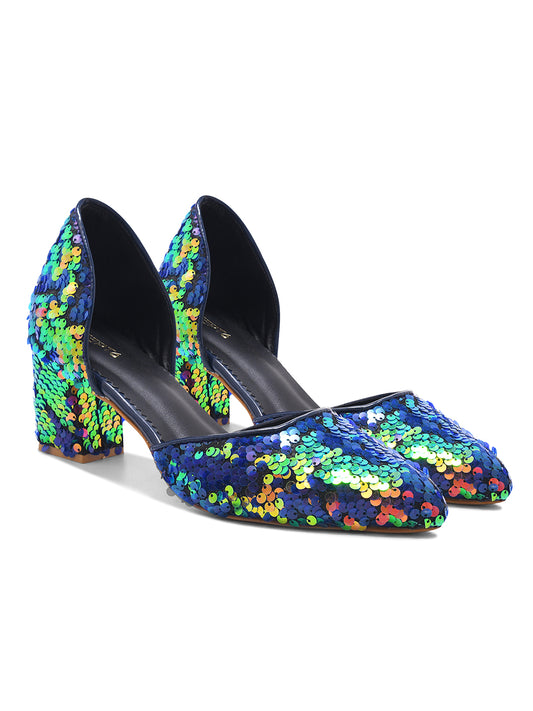 Multicolor Sequin Block Heel Pumps for Women