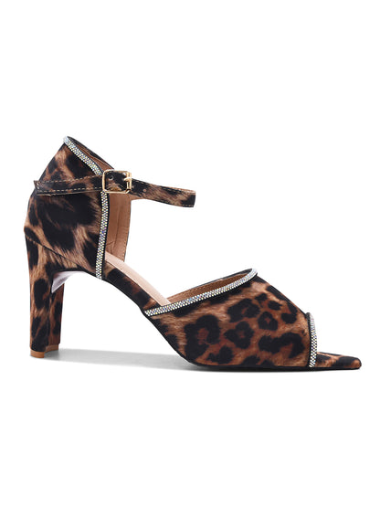 Leopard Print Ankle Strap Block Heel Sandals for Women