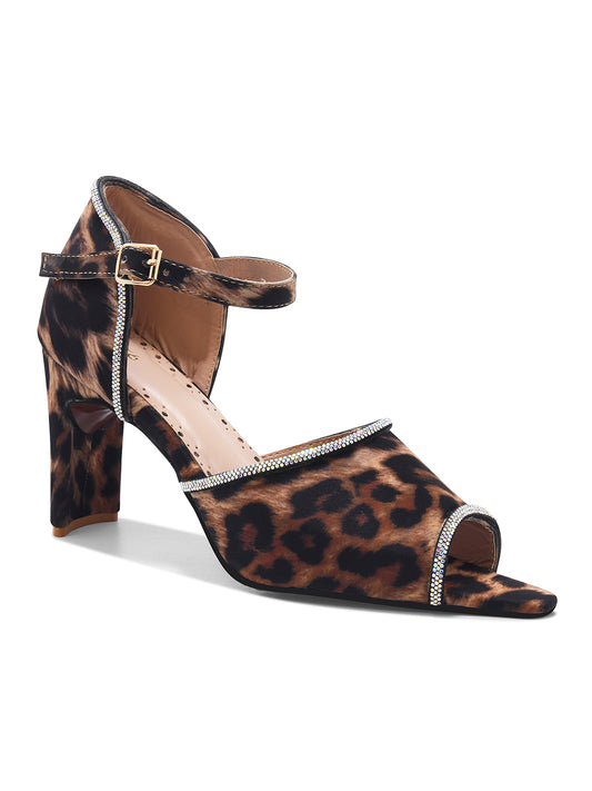 Leopard Print Ankle Strap Block Heel Sandals for Women