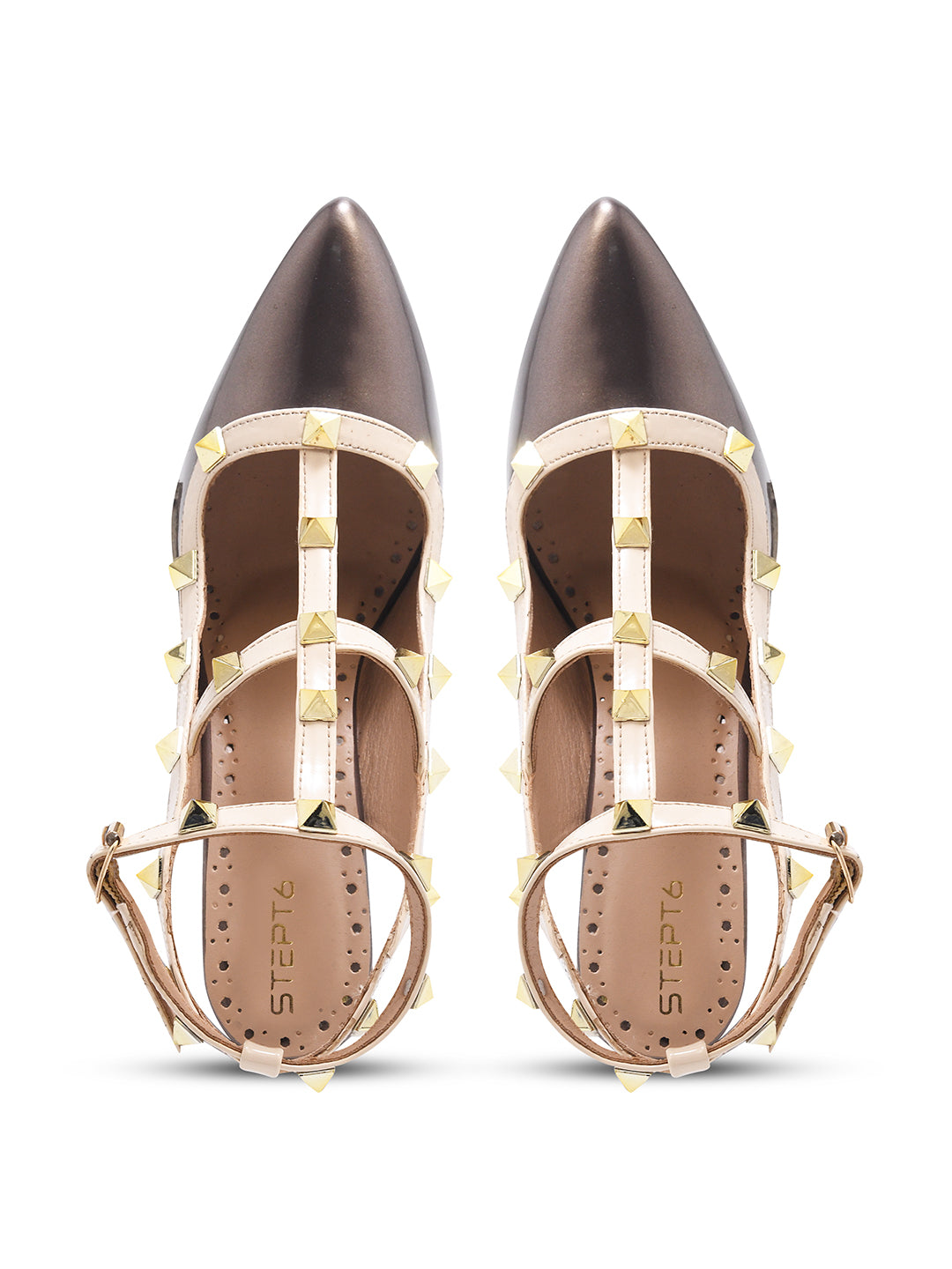 Grey Studded Ankle Strap Stiletto Heels for Women