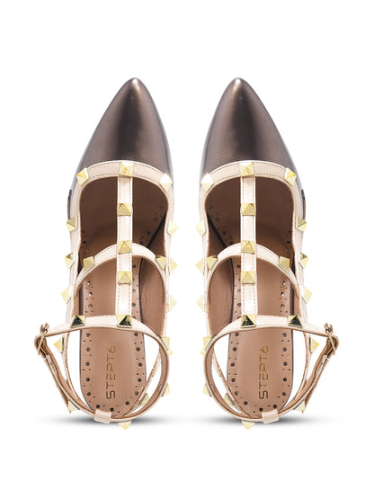 Grey Studded Ankle Strap Stiletto Heels for Women