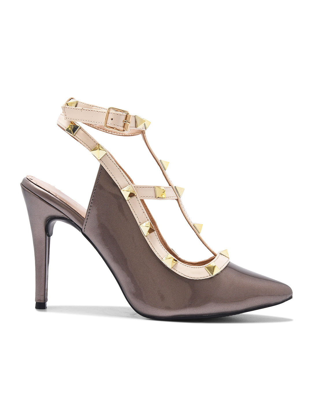 Grey Studded Ankle Strap Stiletto Heels for Women