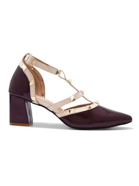 Wine Studded Strap Block Heel Pumps for Women