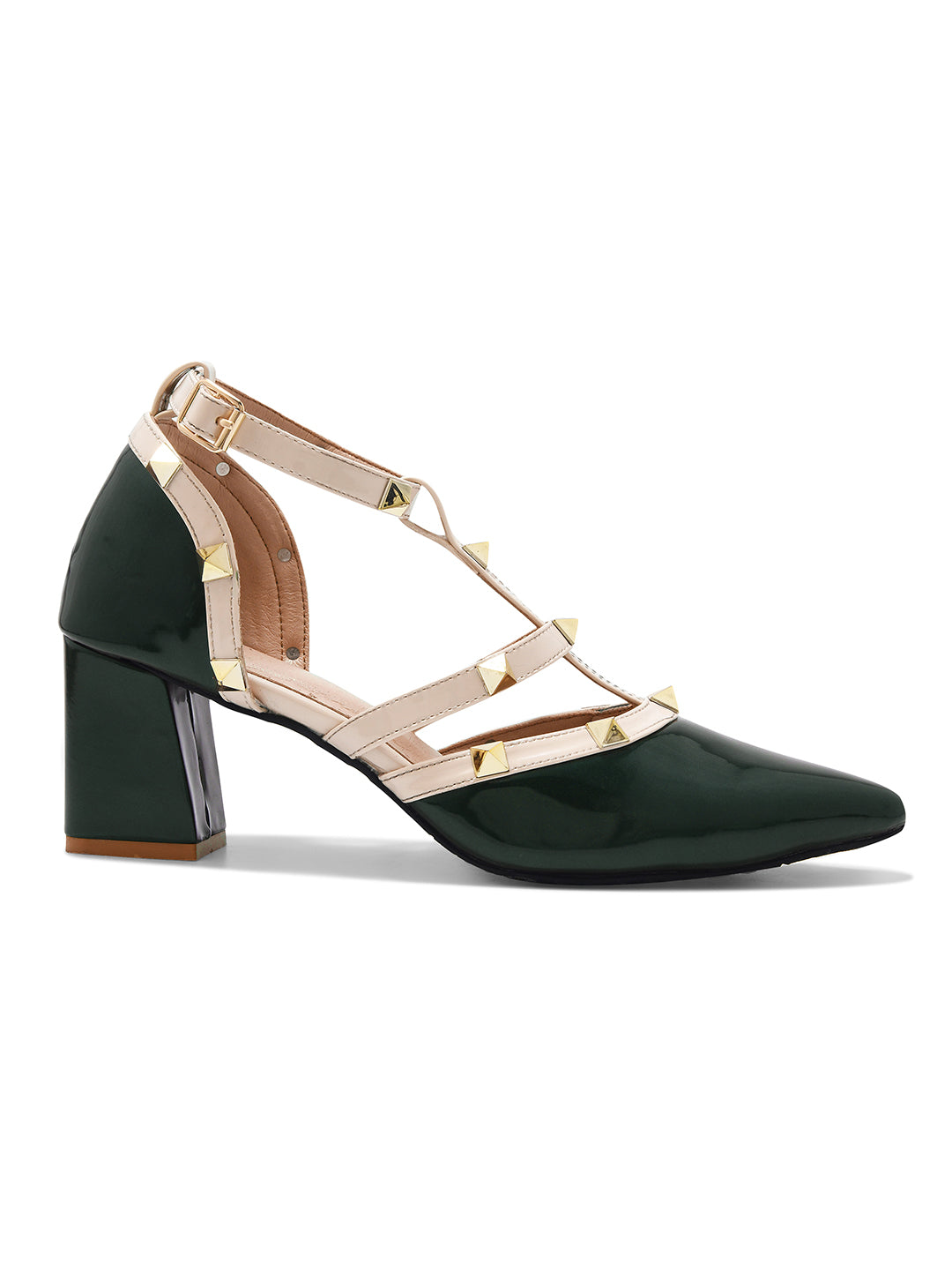Dark Green Studded Strap Block Heel Pumps for Women