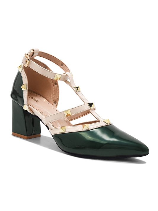 Dark Green Studded Strap Block Heel Pumps for Women