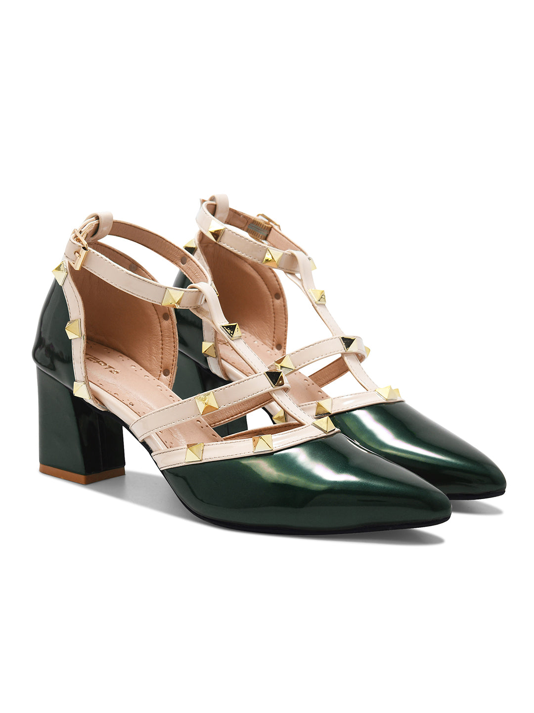 Dark Green Studded Strap Block Heel Pumps for Women