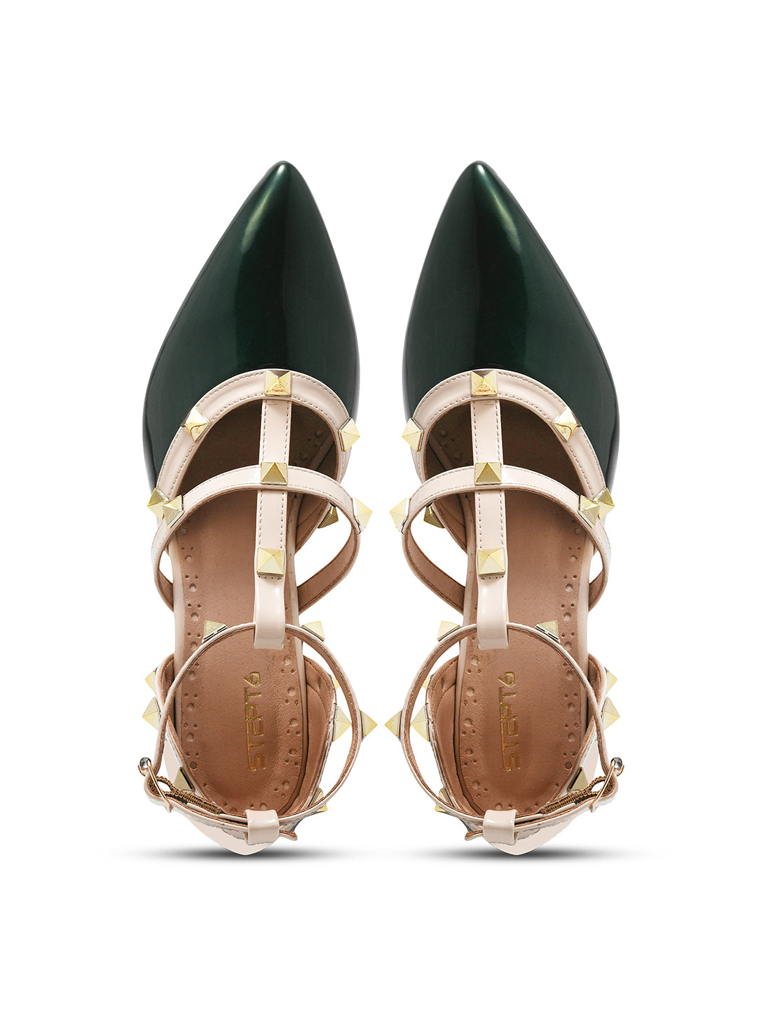 Dark Green Studded Strap Block Heel Pumps for Women