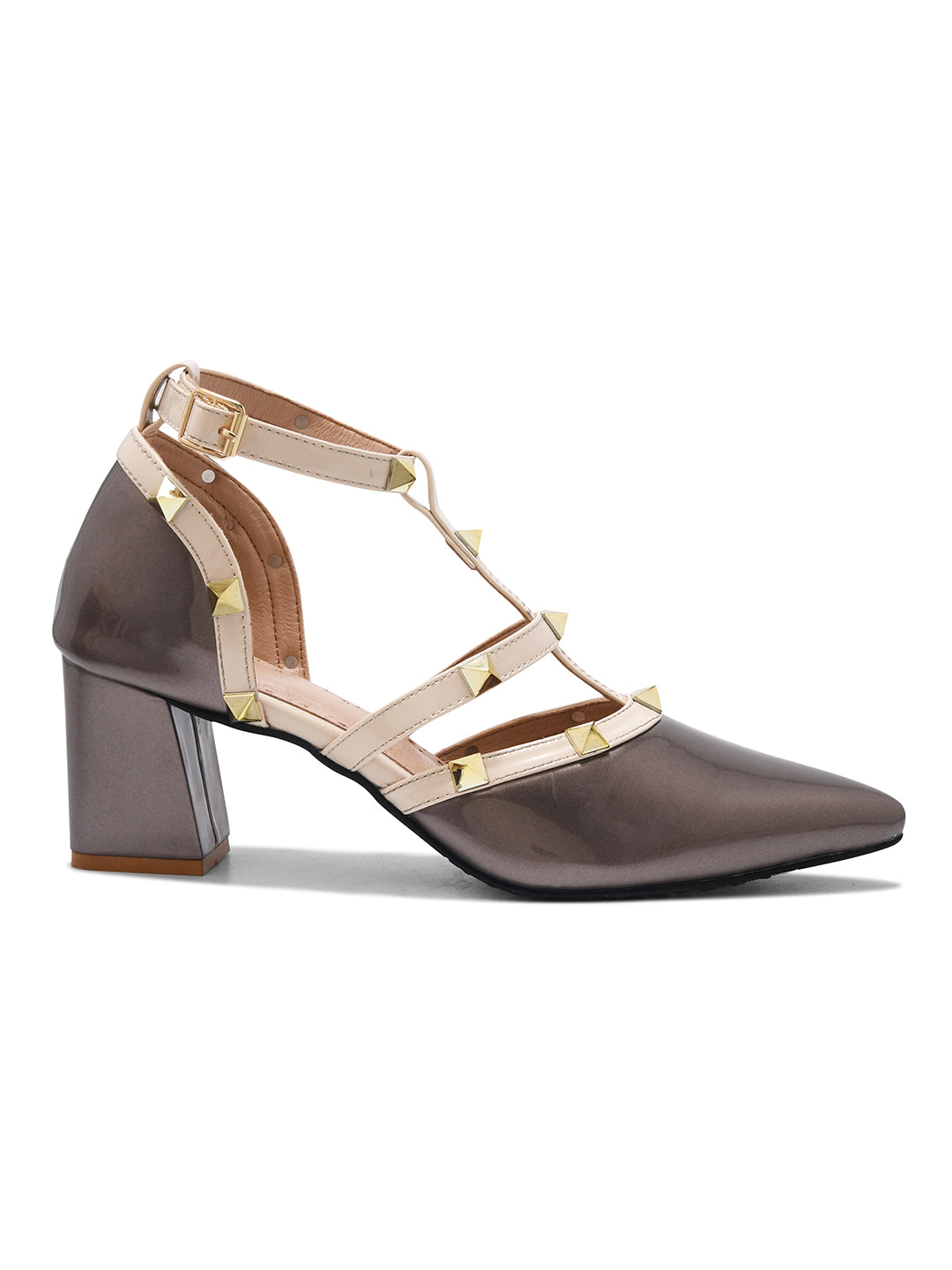 Metallic Grey Studded Strap Block Heel Pumps for Women