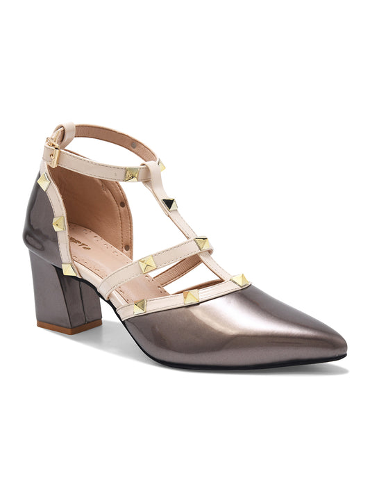Metallic Grey Studded Strap Block Heel Pumps for Women
