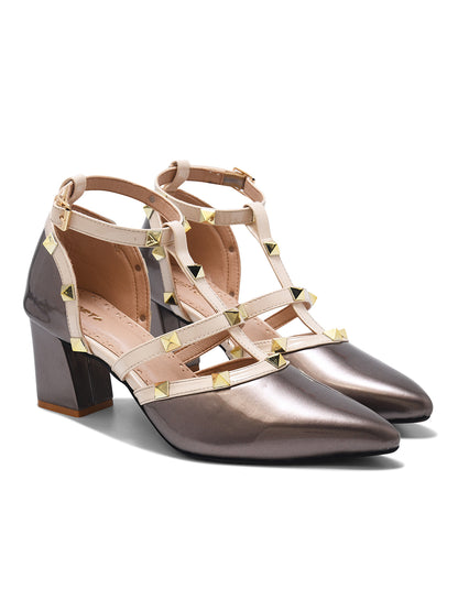 Metallic Grey Studded Strap Block Heel Pumps for Women