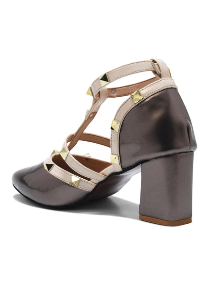 Metallic Grey Studded Strap Block Heel Pumps for Women