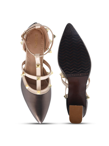 Metallic Grey Studded Strap Block Heel Pumps for Women