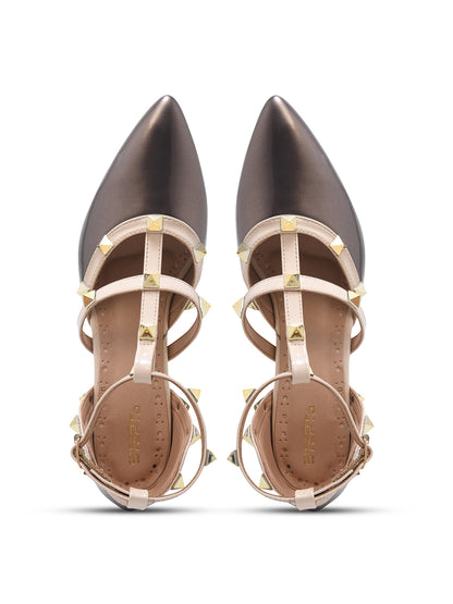 Metallic Grey Studded Strap Block Heel Pumps for Women