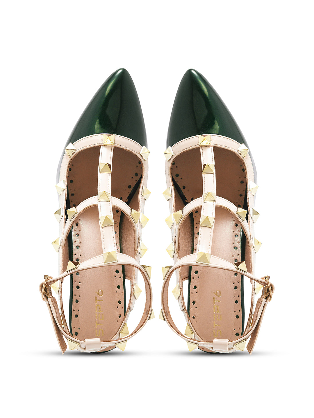 Dark Green Studded Ankle Strap Stiletto Heels for Women