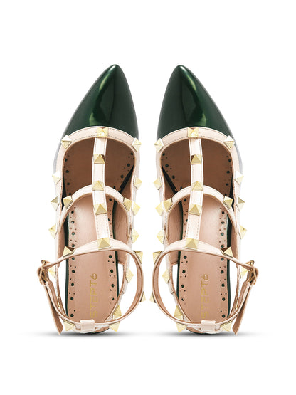 Dark Green Studded Ankle Strap Stiletto Heels for Women