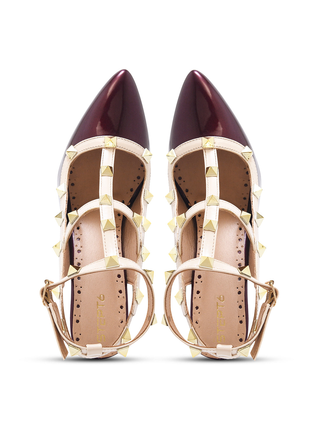 Wine Studded Ankle Strap Stiletto Heels for Women