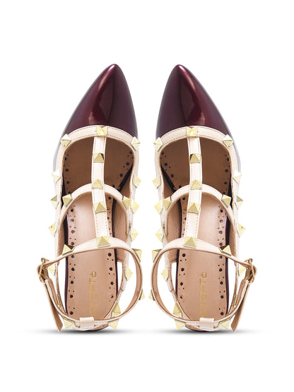 Wine Studded Ankle Strap Stiletto Heels for Women