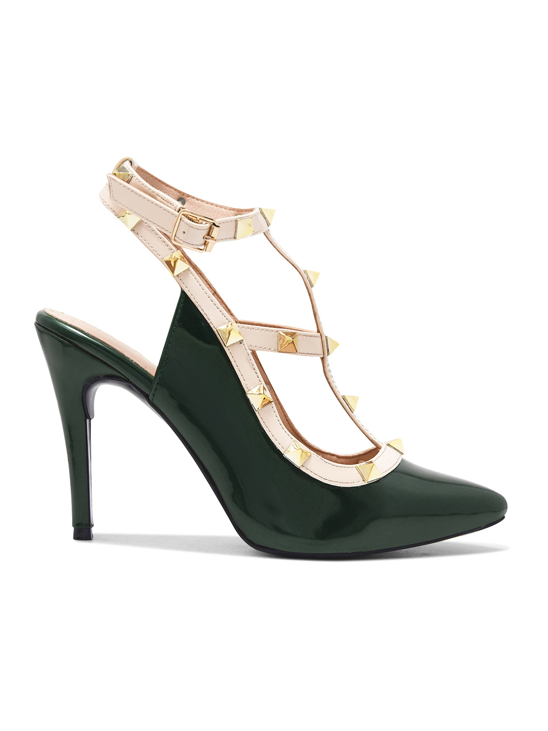 Dark Green Studded Ankle Strap Stiletto Heels for Women