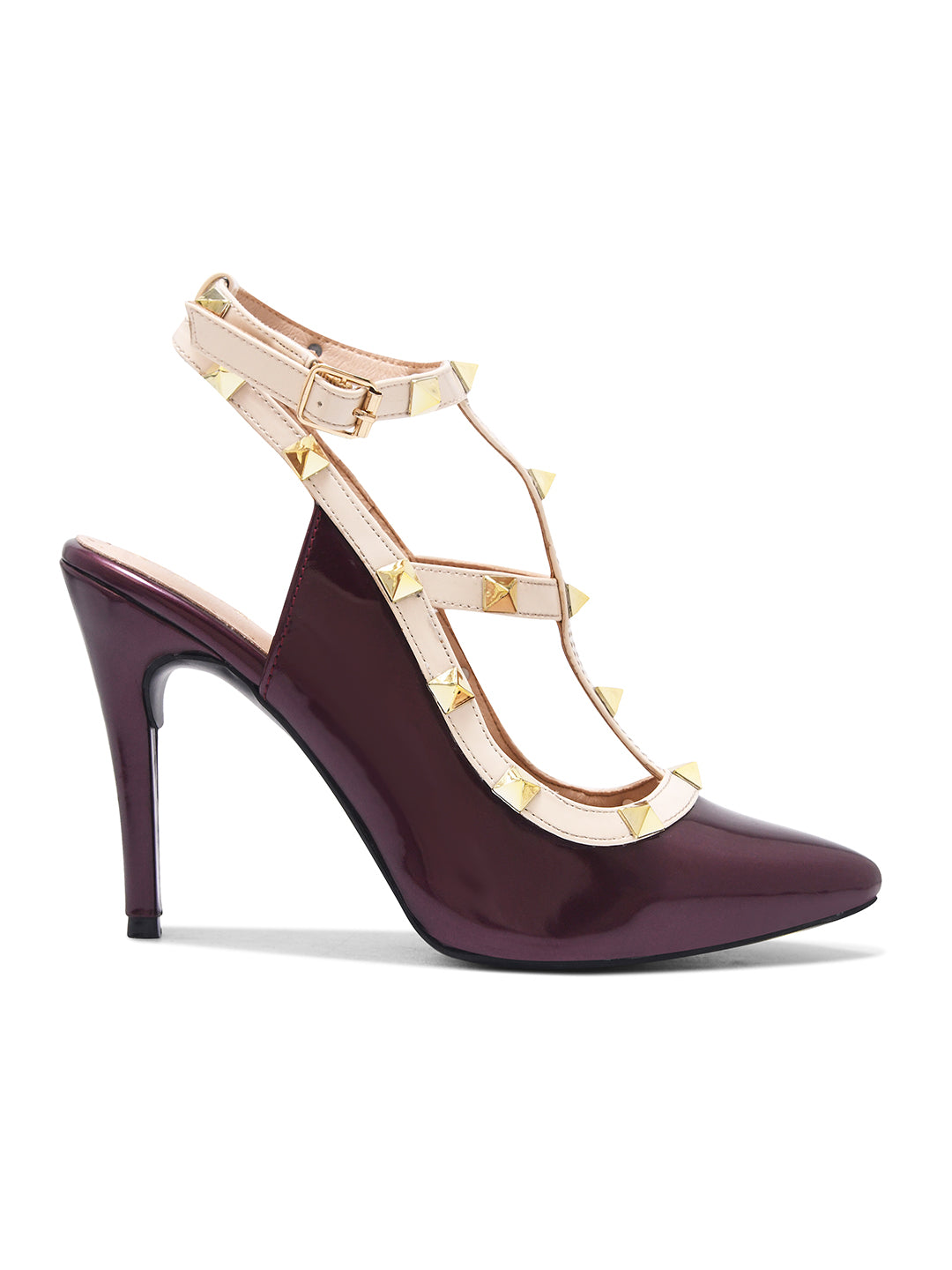 Wine Studded Ankle Strap Stiletto Heels for Women