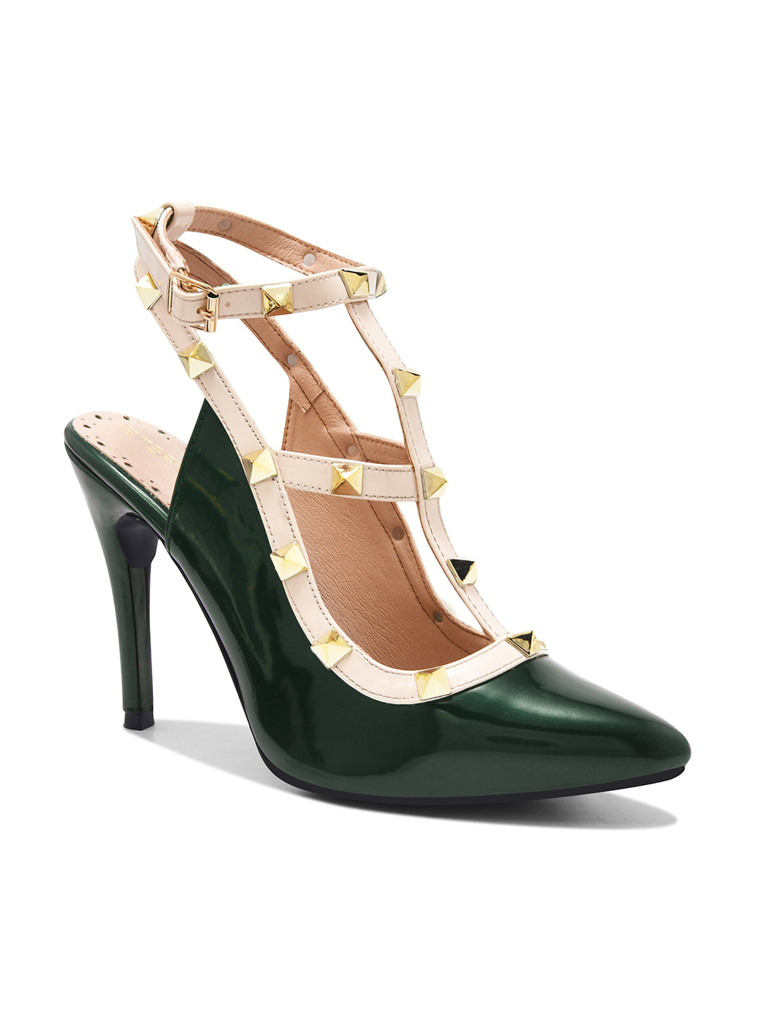 Dark Green Studded Ankle Strap Stiletto Heels for Women