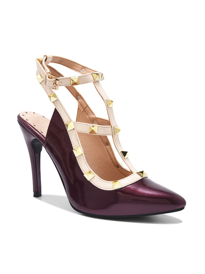 Wine Studded Ankle Strap Stiletto Heels for Women