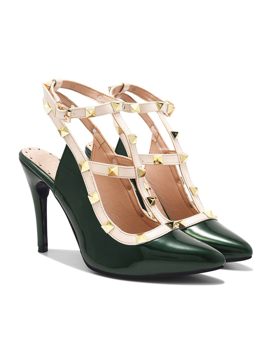 Dark Green Studded Ankle Strap Stiletto Heels for Women