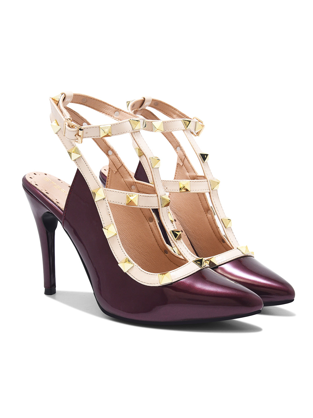 Wine Studded Ankle Strap Stiletto Heels for Women