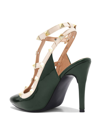 Dark Green Studded Ankle Strap Stiletto Heels for Women