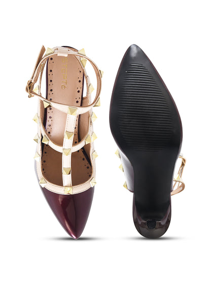 Wine Studded Ankle Strap Stiletto Heels for Women