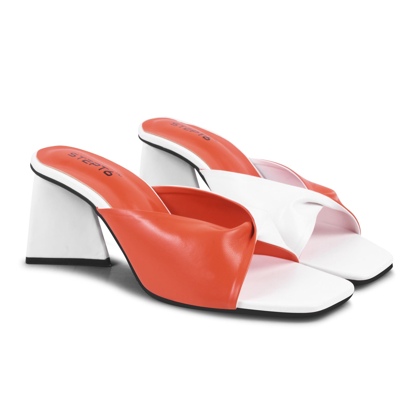 WHITE ORANGE TWISTED PATTERN TRIANGLE HEEL