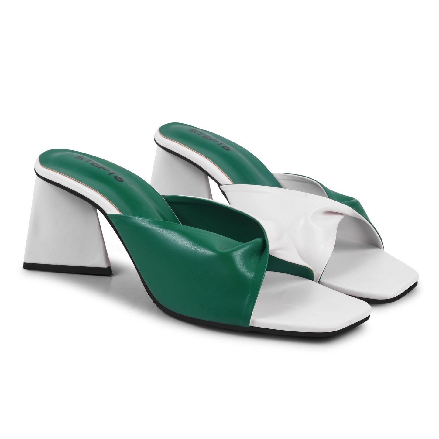 GREEN WHITE TWISTED PATTERN TRIANLGE HEEL