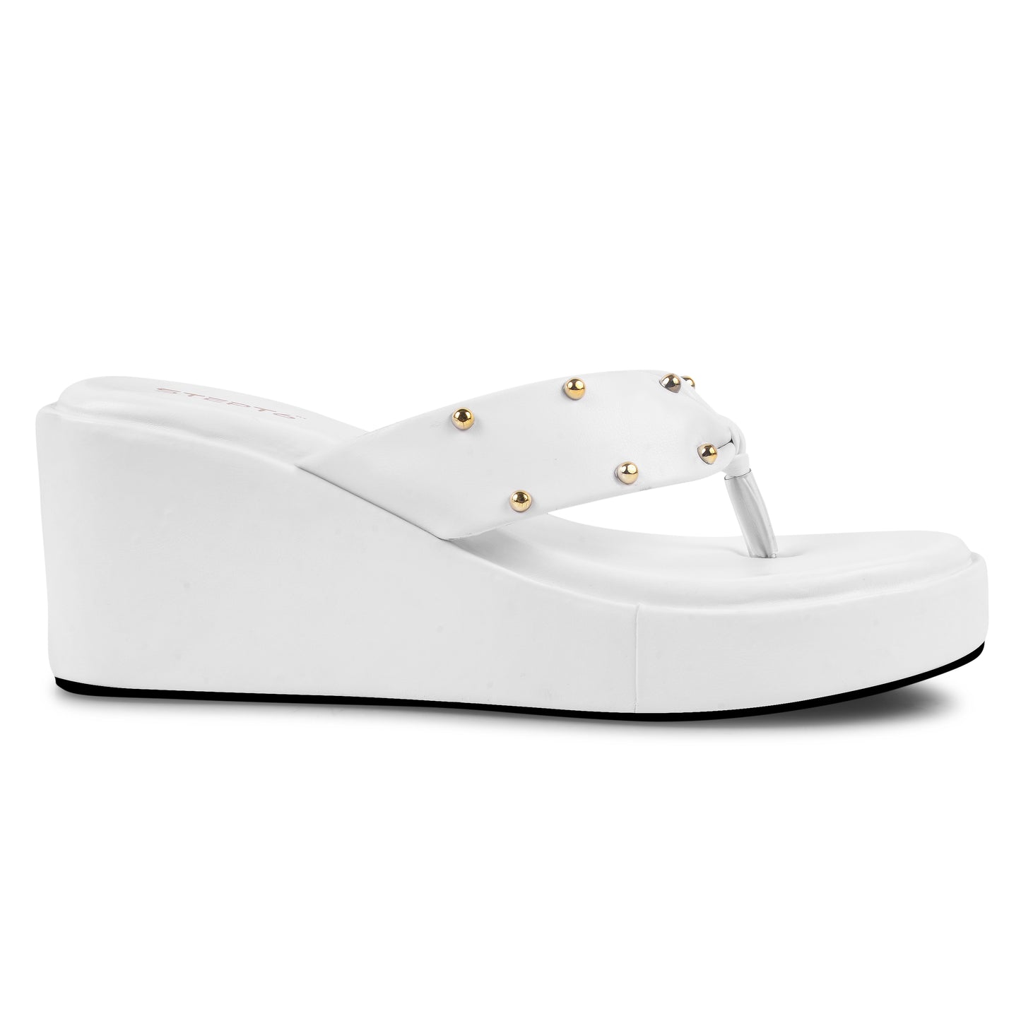 GOLD RIVET STRAP WHITE WEDGES