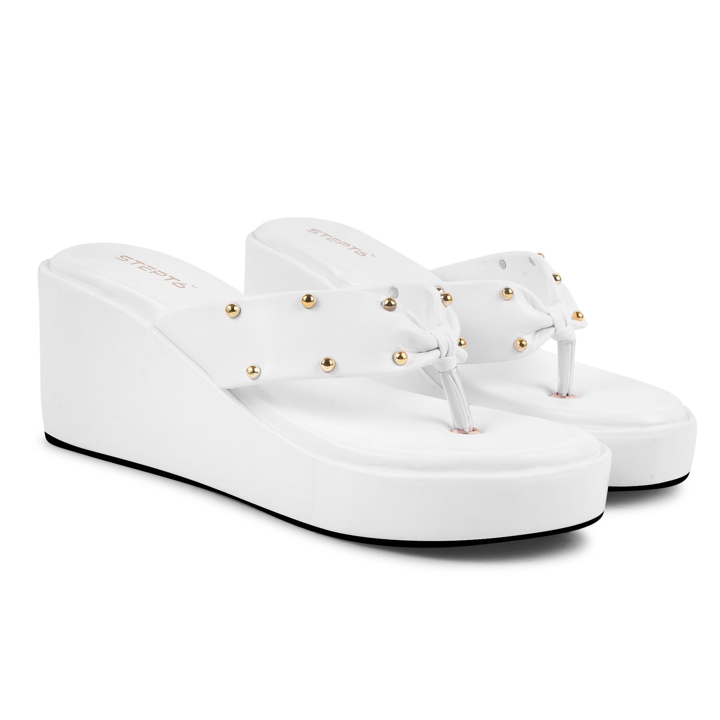 GOLD RIVET STRAP WHITE WEDGES