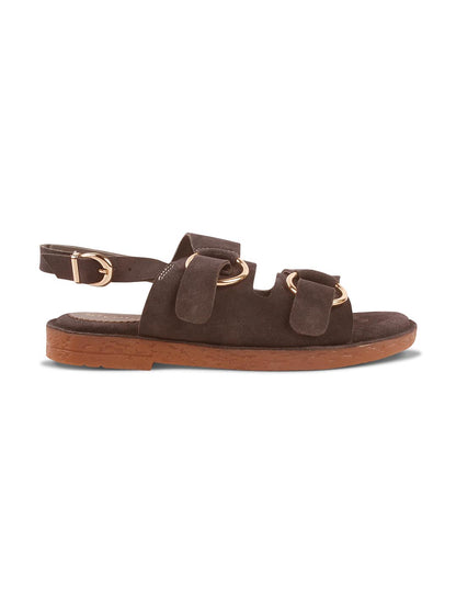 SUEDE DOUBLE BUCKLE SANDALS FOR WOMEN – BROWN