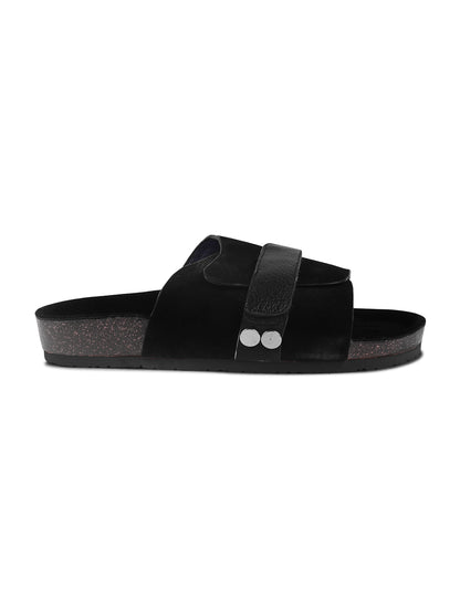 BLACK SUEDE SLIDES WITH LEATHER STRAP