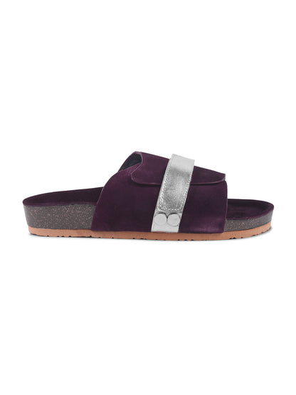 BLACK SUEDE SLIDES WITH FAUX LEATHER STRAP - MAROON