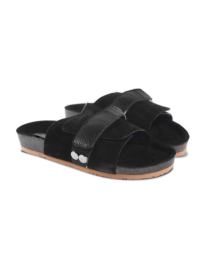 BLACK SUEDE SLIDES WITH LEATHER STRAP