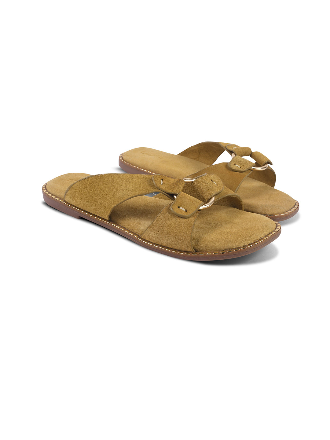 SUEDE SLIP-ON FLATS WITH METAL RING DETAIL - BEIGE