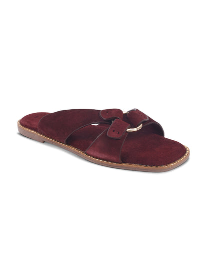 SUEDE SLIP-ON FLATS WITH METAL RING DETAIL - MAROON